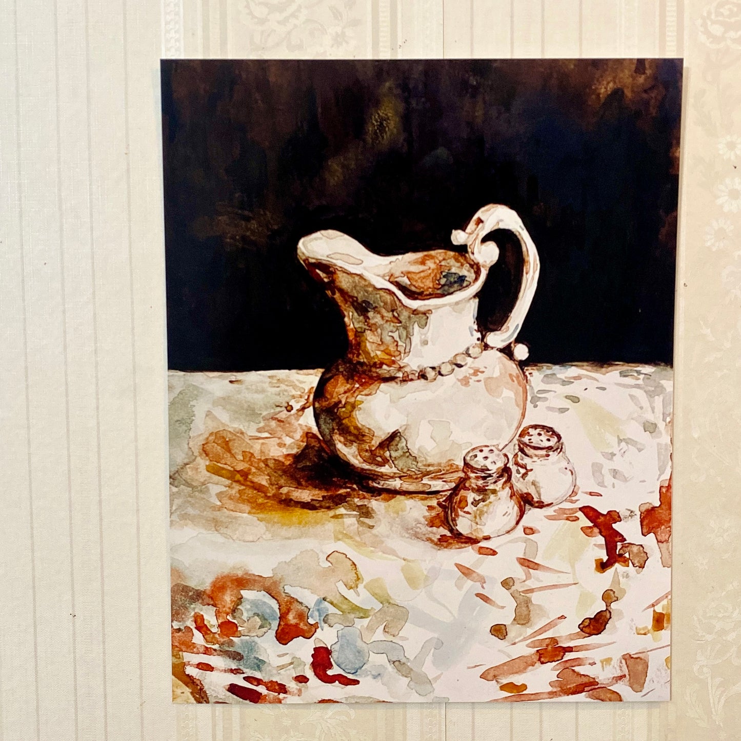 Artistic depiction of a pitcher and saltshaker on a textured surface